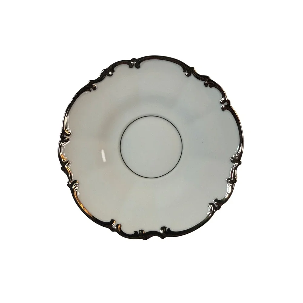 Vintage Porcelain‎ Tea Cup Saucer Set 2 Platinum Trim Scalloped Edge Bavaria MCM
